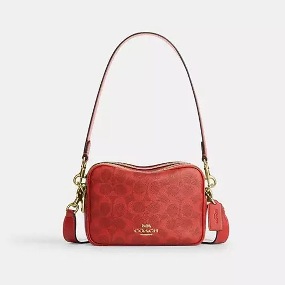 Coach Mini Carey Crossbody Bag In Signature Canvas  CEK69 Gold/Crimson